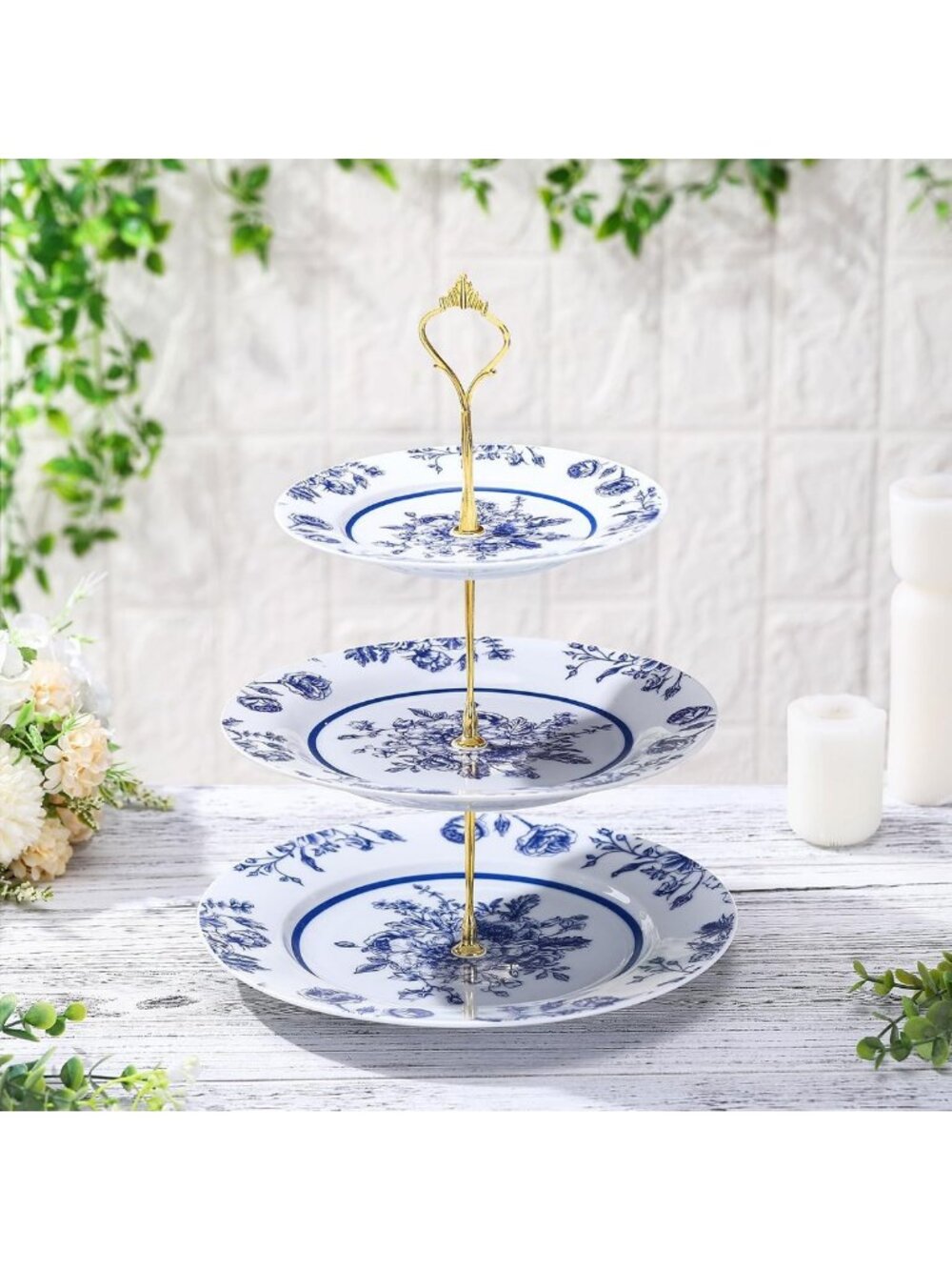 Vintage Blue Floral 3-Tier Ceramic Dessert Stand - Perfect for Bridal Showers